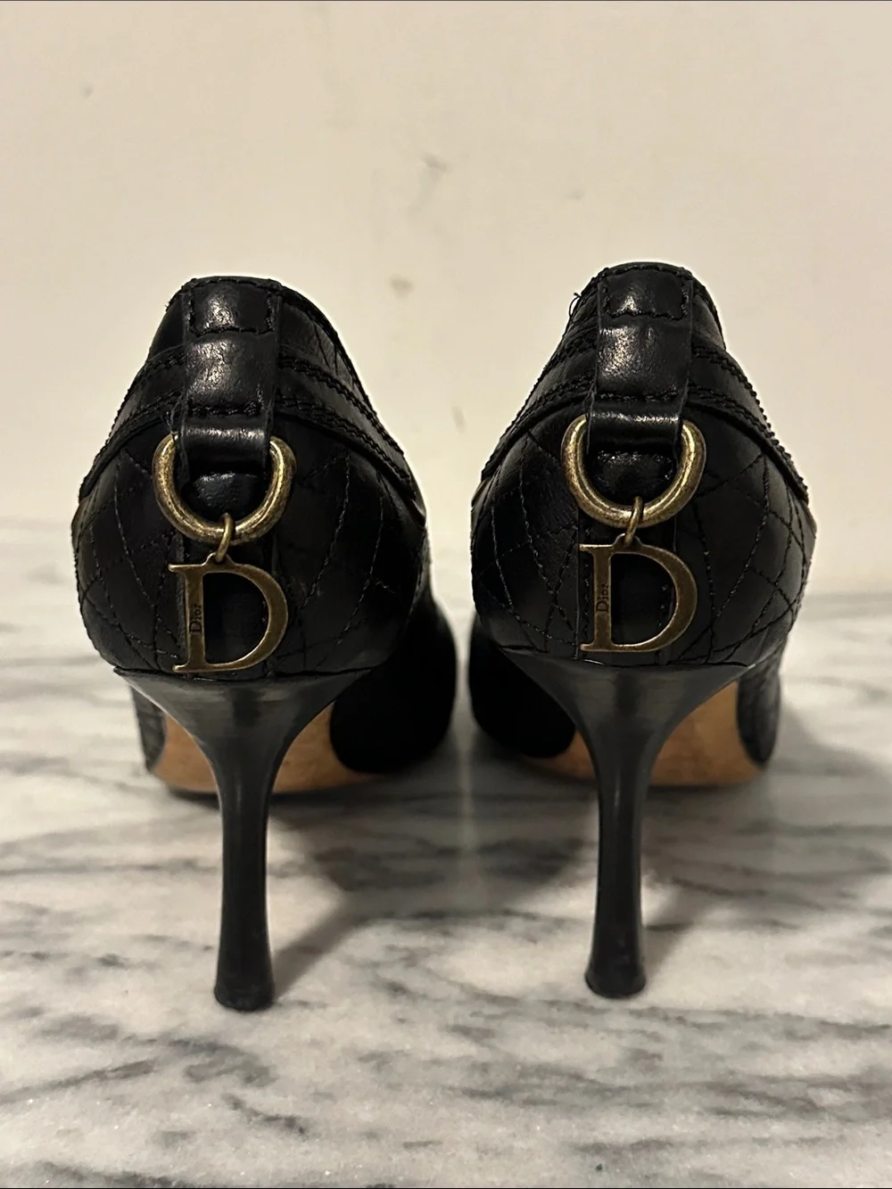 Dior Black Leather Peep-Toe Pumps with Gold Eyelet Detail & D charm Sz 37.5